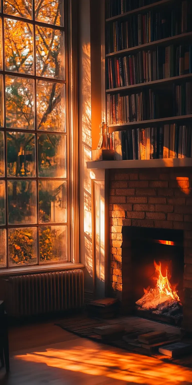 Fireplace, bookshelf, sunlight, warmth, tranquility, phone wallpaper, 8K --v 6.1 --ar 1:2