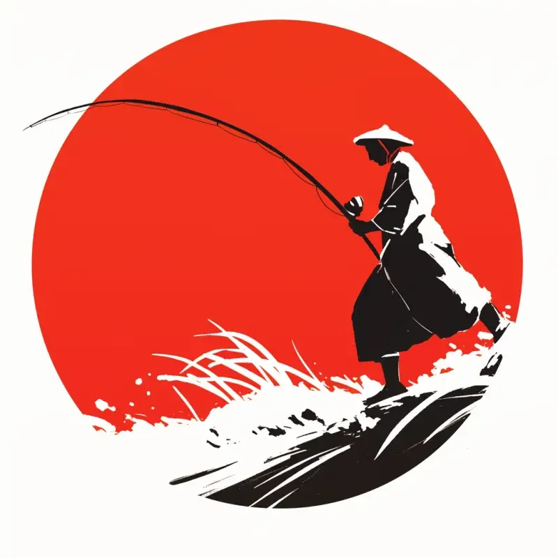 A logo of a figure holding a fishing rod is named Bai Qing. --niji 6 --ar 1:1