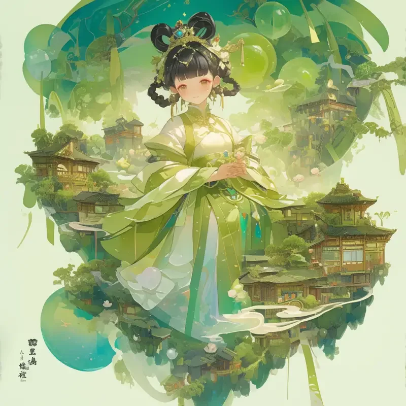 3D character poster, Chen Jialeng, light green, light pink, misty rain in Jiangnan, a traditional Chinese festival, summer solstice, one of the 24 solar terms in China. A three-year-old 3D girl is in the center of the picture, with green and white, perfect composition, artistic conception, ink wash blending, and gradual dispersion. The background of the Jiangnan water town should be full, with a summer solstice style, --cref--niji 6 --ar 1:1 --cw 20