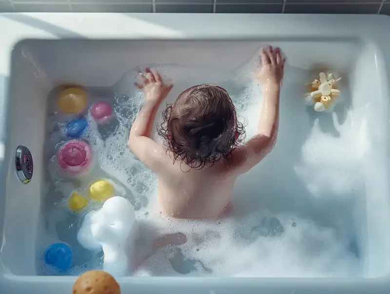 In the picture, a child is sitting in a bathtub with a square thick edge, playing with foam, and various bath toys floating on the water. You can see that the bathtub is rectangular and has a very thick edge. Aerial shooting, soft and excessive light, natural light, clear hand details, clear details, reality, high-definition lens, exquisite commercial portrait photography, high-definition --v 6.1 --ar 4:3