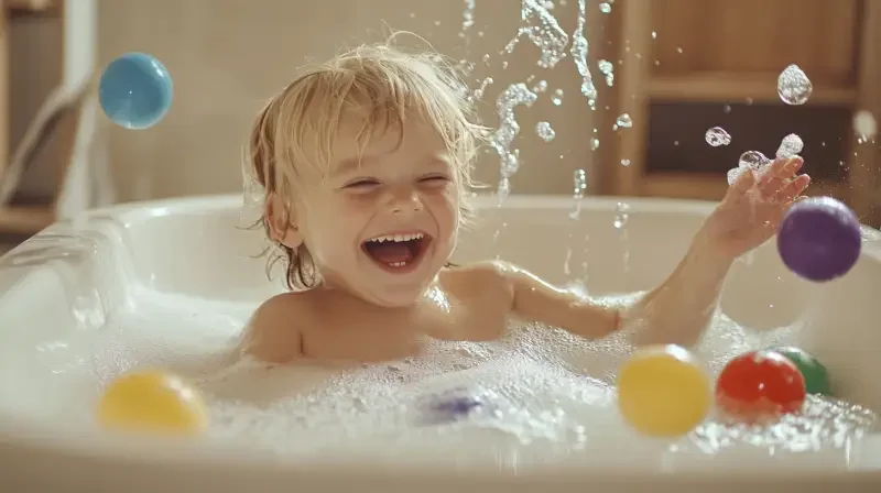 In the picture, a blond child is sitting in an adult-sized bathtub with a rectangular thick edge, laughing happily, playing with foam and various toys and balls floating on the water. You can see that the bathtub is rectangular with a thick edge, overhead shooting, soft and excessive light, natural light, clear hand details, clear details, reality, high-definition lens, exquisite commercial portrait photography, high-definition --v 6.1 --ar 16:9