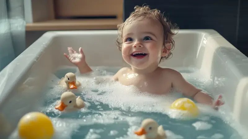 In the picture, an American child is sitting in an adult-sized bathtub with a rectangular thick edge, playing with foam and smiling up. There are ducks and ocean ball toys floating on the water. You can see that the bathtub is rectangular with a very thick edge. Aerial shooting, soft and excessive light, natural light, clear details, reality, high-definition lens, exquisite commercial portrait photography, high-definition --v 6.1 --ar 16:9