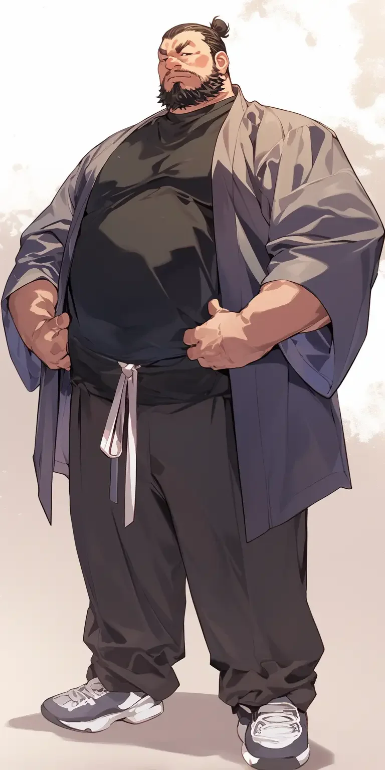 Chinese father, big round face, male, double chin, thick neck, fat man, fat belly, thick waist, bust, chest hair, anime, landlord, --niji 6 --ar 1:2