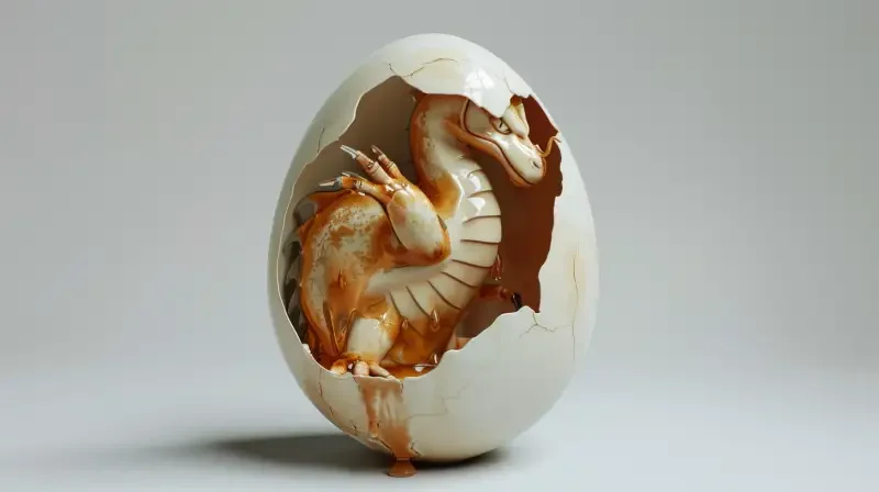 The whole body, a split egg shell in the middle, with a small slit like an upright eye, only a small slit, in which there is a crouching dragon. The egg shell is filled with oil, and obvious oil can be seen. The dragon is soaked in oil, and the dragon will move with it. In the white background, bubble matte ip, blind box, model, three views, namely front view, side view, rear view, ip design, c4d, blender, OC rendering sref, foam market, glass texture --ar 16:9 --v 6.0