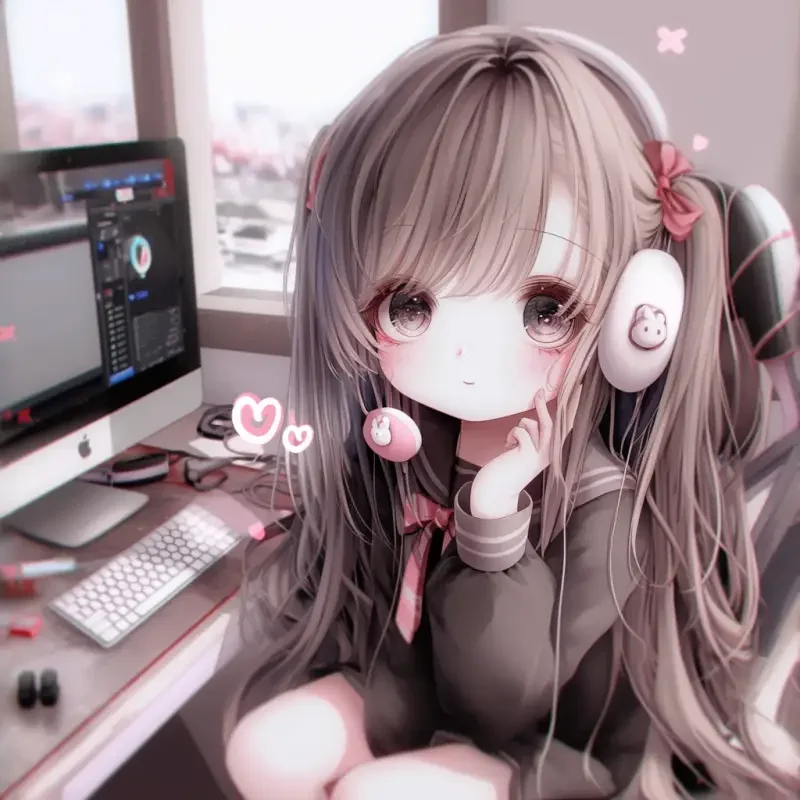 A cute girl sitting on a chair playing computer, esports girl with headphones on her head, Q-version anime character, 8K image quality, double ponytail hairstyle, close view --sref--cref--cw 7 --sw 50 --ar 1:1 --style raw --niji 6