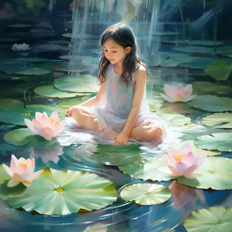 In the center of a huge lotus flower, a pure little girl sits on a delicate lotus leaf. She was wearing a blue dress, her long hair fluttering in the wind, and her eyes sparkling with clear and bright light. Pink lotus flowers bloom around, and a gentle breeze blows, gently swaying the lotus leaves, as if playing a soft and beautiful melody. In the distance is a quiet water area, reflecting the white clouds and rainbows in the sky, as mysterious and peaceful as a fairyland. The entire scene is filled with fairy tale like dreamy colors, making people feel as if they are immersed in a fantasy world. --ar 1:1 --v 5.2