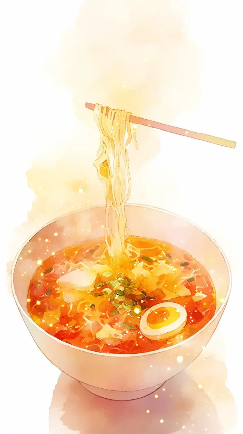 Hot dry noodles illustration painting, watercolor style, red, orange, yellow, pink, simple and clean, noodles raised --ar 9:16 --niji 6