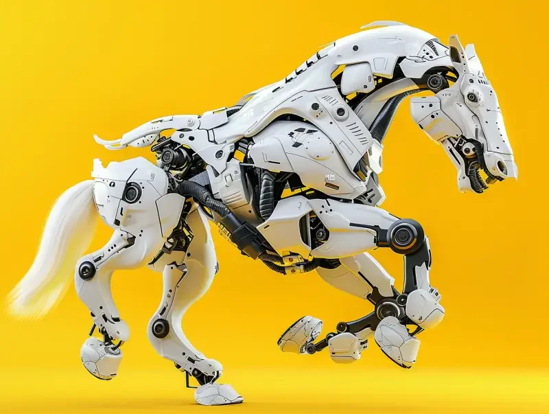 Horse mecha, with a cyberpunk futuristic style and a mecha display style, is designed in the shape of a horse. In white, the horse runs with a running posture, looking up at the sky and shouting. It features a full body photo, a yellow background, futuristic technology, a 3D sense, high-resolution, high-quality, high detail, and clean images, as well as the best digital images. --ar 4:3 --v 6.0