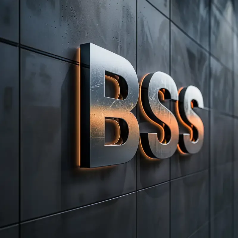 The screen contains three letters of BSS logo, industrial products, advanced, and minimalist --ar 1:1 --v 6.0