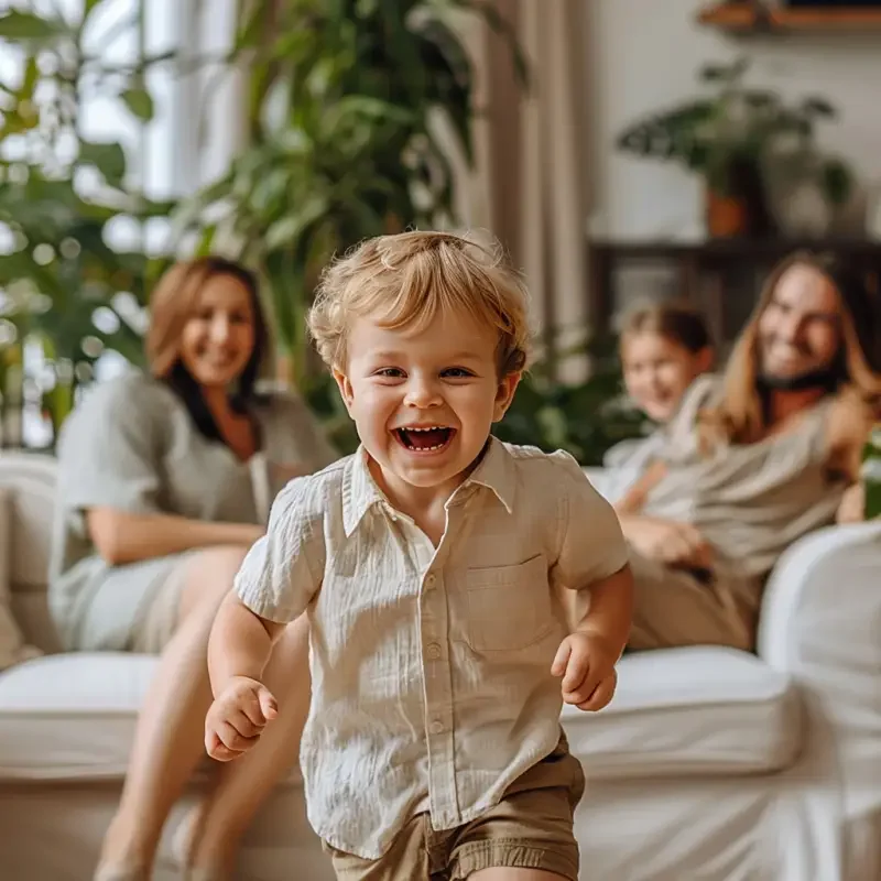 In the picture, a beautiful 4-year-old child runs towards the camera, with parents sitting on the sofa, laughing happily, wearing summer clothes, and green plants behind the light white sofa. The background is clean and bright. Clear facial details of children, high-definition lens, natural light, exquisite commercial portrait photography, high-definition, natural light, high-definition, --sref--no Abnormalities, threading, deformities, bad hands, bad feet, --s 366 --c 7 --ar 1:1 --v 6.0