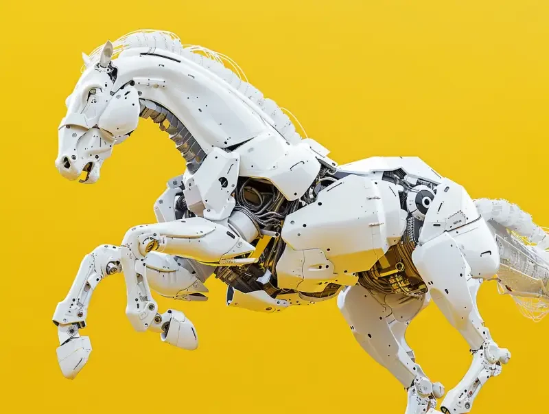 Horse mecha, with a cyberpunk futuristic style and a mecha display style, is designed in the shape of a horse. It is white, with a galloping posture, looking up at the sky and shouting, with a full body photo, a yellow background, futuristic technology style, 3D stereoscopic effect, high-resolution, high-quality, high detail, clean images, and the best digital images. --ar 4:3 --v 6.0