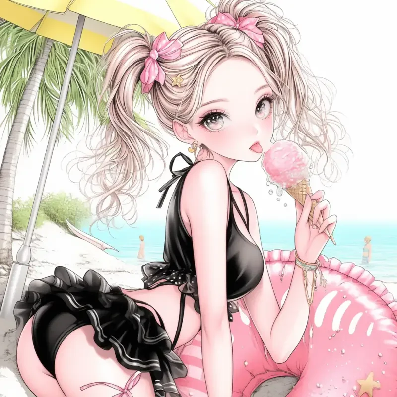 By the beach, on the beach, there is a girl with golden hair, holding ice cream and a swim ring, wearing a swimsuit, long legs, standing under a sunshade umbrella, Japanese style, retro comic style --sref--sw 447 --ar 1:1 --niji 6