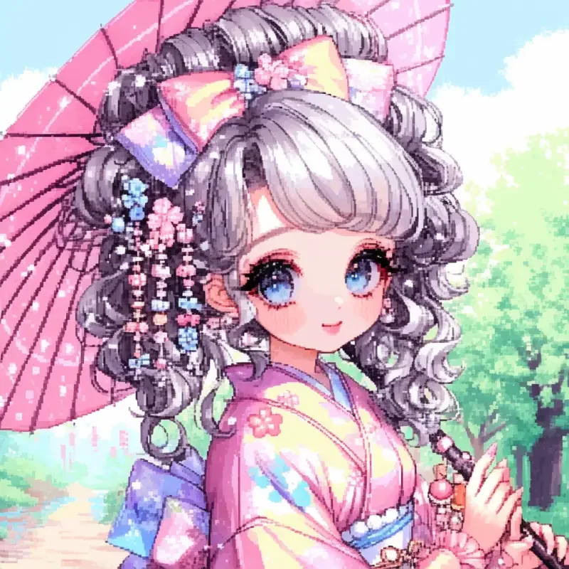 A cute pixel cartoon girl with smooth face, oval face, beautiful blue eyes, long eyelashes, light powder blusher, delicate nose, full mouth and light pink lipstick. Wearing an elegant kimono, supporting a traditional Japanese umbrella against a detailed garden background. Black ponytail curly hair with many hair clips and accessories. Shiny crystal. Shining nails, necklaces, bracelets, earrings. Added a fashionable appearance and enhanced the overall beauty of the scene. Pose. The background is detailed. Background details and meticulousness. Scene details. Q-version villain. Q-version pixel style. Pixel wind. Pixel wind. Q-version. Q-version. Dopamine. The pastoral background is beautiful, rich, and diverse. In the background countryside. Detailed. --sref--ar 1:1 --niji 6