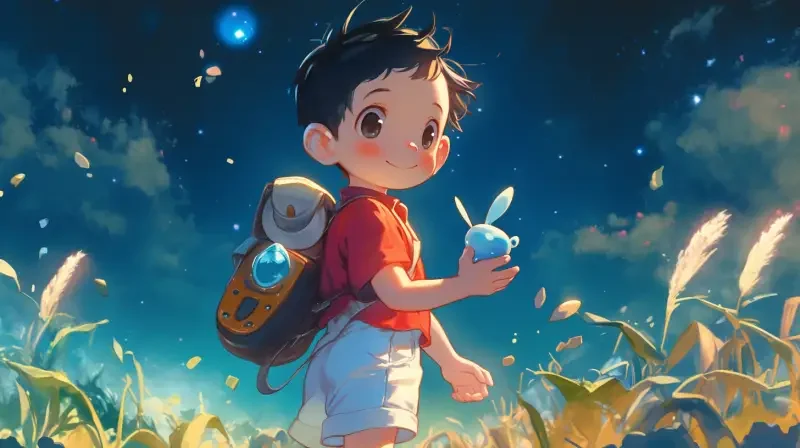 A little boy named Xiaobei, a Chinese child around 6 years old, has short black hair, big eyes, black pupils, a round nose, a small mouth, and big ears. He is wearing a red vest and white shorts. Xiaobei stands under the night sky of Earth, holding a gift from an alien friend in his hand, with a satisfied smile on his face. Fashionable watercolor, picture book composition, small seashells returning to Earth, perfect composition, backlighting, high-definition; --ar 16:9 --niji 6