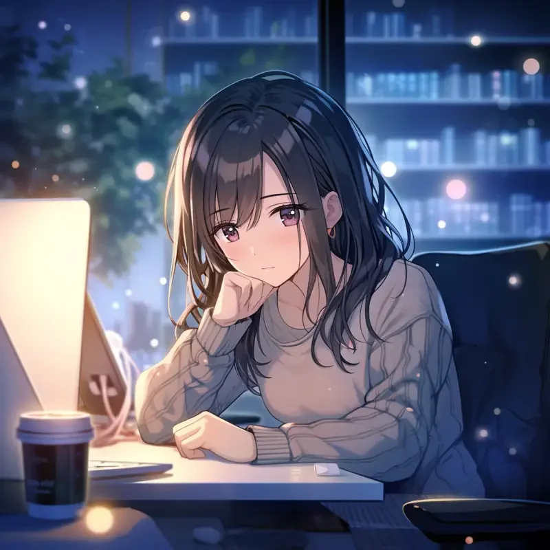 Parks movie style, super beautiful and cute straight haired girl, sitting at a computer desk with a notebook in front, wearing soft and cute home clothes, beautiful and warm atmosphere, night light, bright and soft, mid range, depth of field --ar 1:1 --niji 5