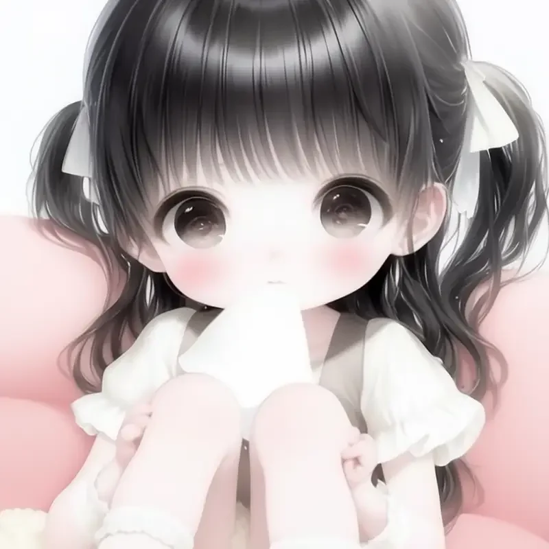 A little girl, with black hair and bangs, tied in ponytails, wearing a white dress, holding a piece of white paper in front of her, close-up of her upper body, sitting on a pink sofa with 16k ultra clear image quality and optimized face quality --sref--sw 1000 --ar 1:1 --niji 6