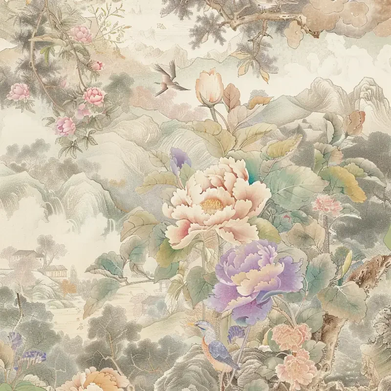 A design full of ancient Chinese charm, with a blooming peony in the center, its petals elegantly unfolding, emitting a faint fragrance. There is a bright gemstone set in the center of the flower, shimmering with a faint light. Surrounded by beautiful ancient Chinese paintings, peonies outline auspicious clouds, landscapes, and birds and animals, showcasing the magnificence and delicacy of traditional Chinese culture. The entire design is mainly composed of soft colors, such as light purple, light green, and light yellow, giving people a sense of nobility and elegance. --ar 1:1 --style raw --v 6.0