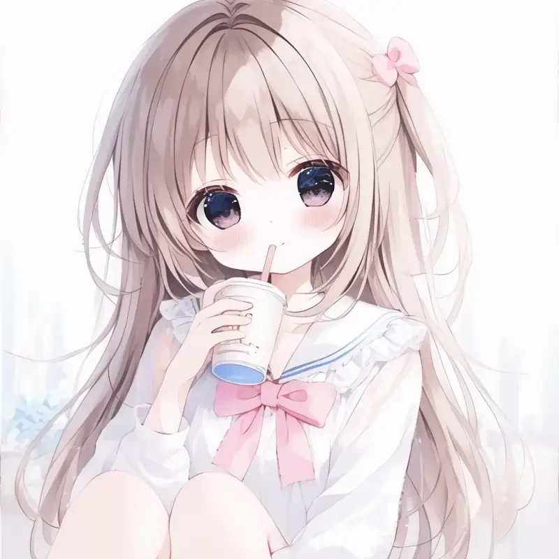 Full body, cute, cute, childish, with a white background, an anime girl, white lace fairy dress, long straight hair, bangs, big eyes, round face, clear lines, bjd, drinking milk tea, bow hair accessories --sref--cref--cw 51 --s 162 --ar 1:1 --niji 6