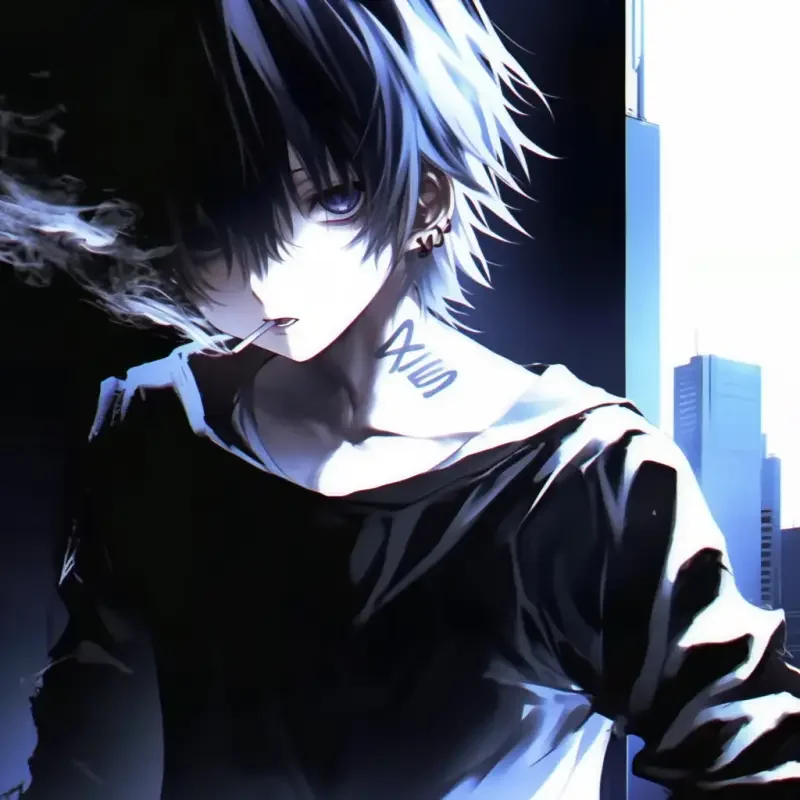 A boy with short hair and a blue gray avatar smoking with smoke. His neck has a tattoo and the background is blue from a tall building --sref--sw 1000 --ar 1:1 --niji 6