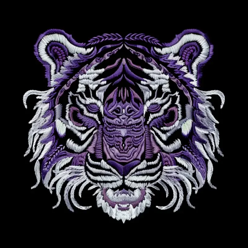 Embroidery pattern design, ultra clear embroidery texture, tiger avatar, front view, hair composed of simple traditional Chinese Miao decorative patterns, purple and white color scheme, neat picture, simple art, sticker embroidery, ultra-high definition embroidery texture, black background, --ar 1:1 --v 6.0