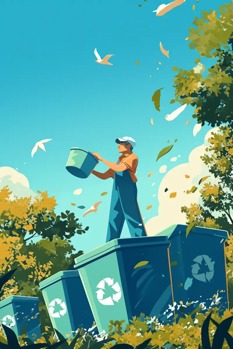 Earth, trees, sustainable development, garbage classification, recyclable signs, trash can icons, someone throwing garbage, garbage administrator guiding him to throw garbage in the appropriate bin --ar 2:3 --niji 6