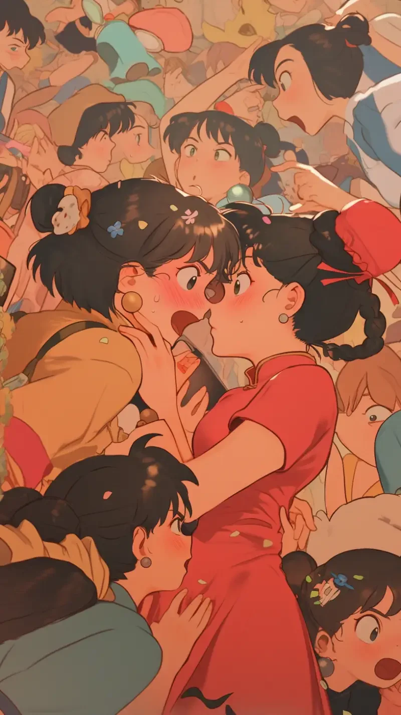 In the crowd, one woman was dragging another woman to speak. In ancient China, Hayao Miyazaki, Studio Ghibli --ar 9:16 --niji 6