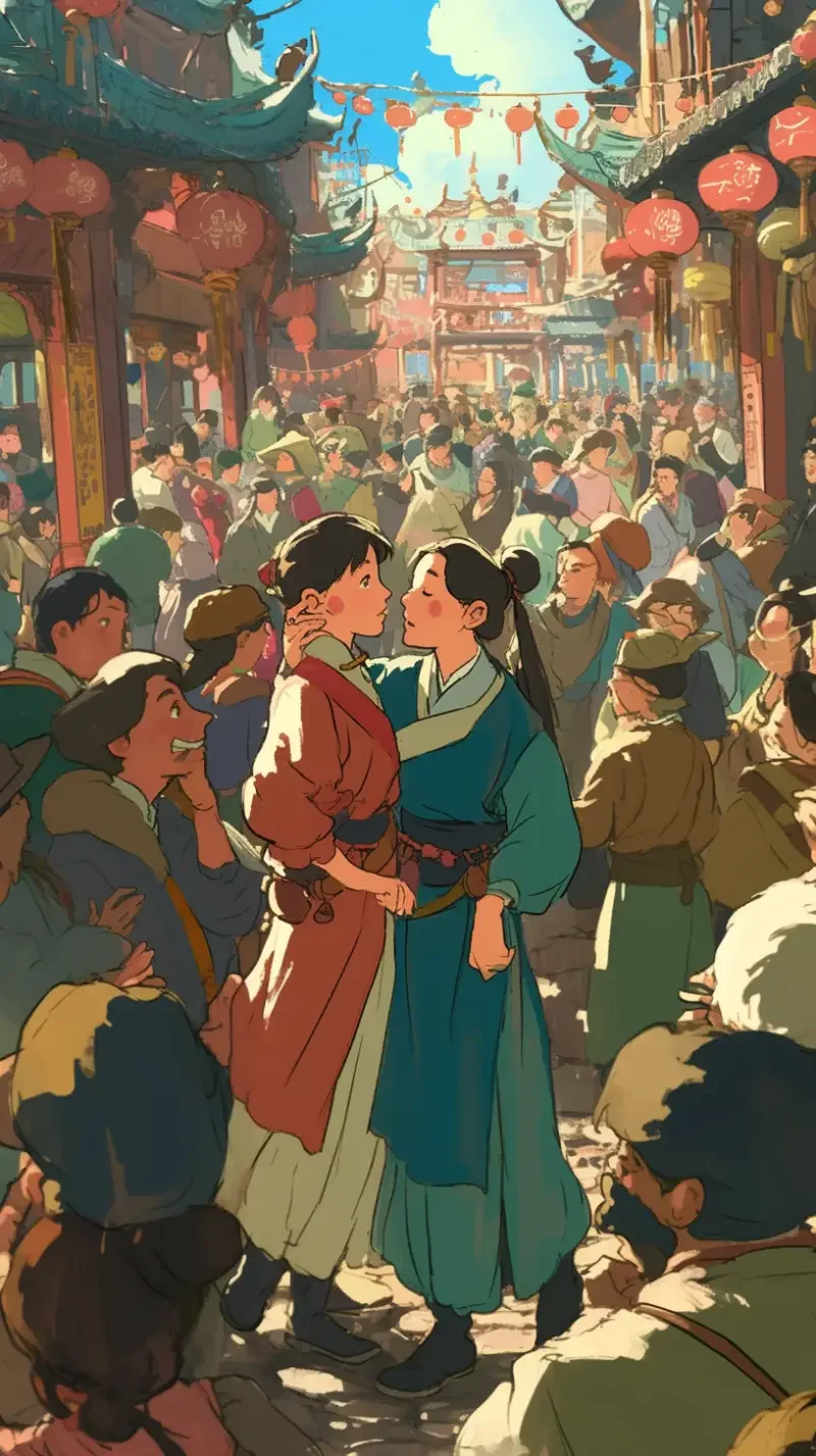 Many crowded people, a lot of people, whispering and looking at two women in ancient China, Hayao Miyazaki, Studio Ghibli --ar 9:16 --niji 6