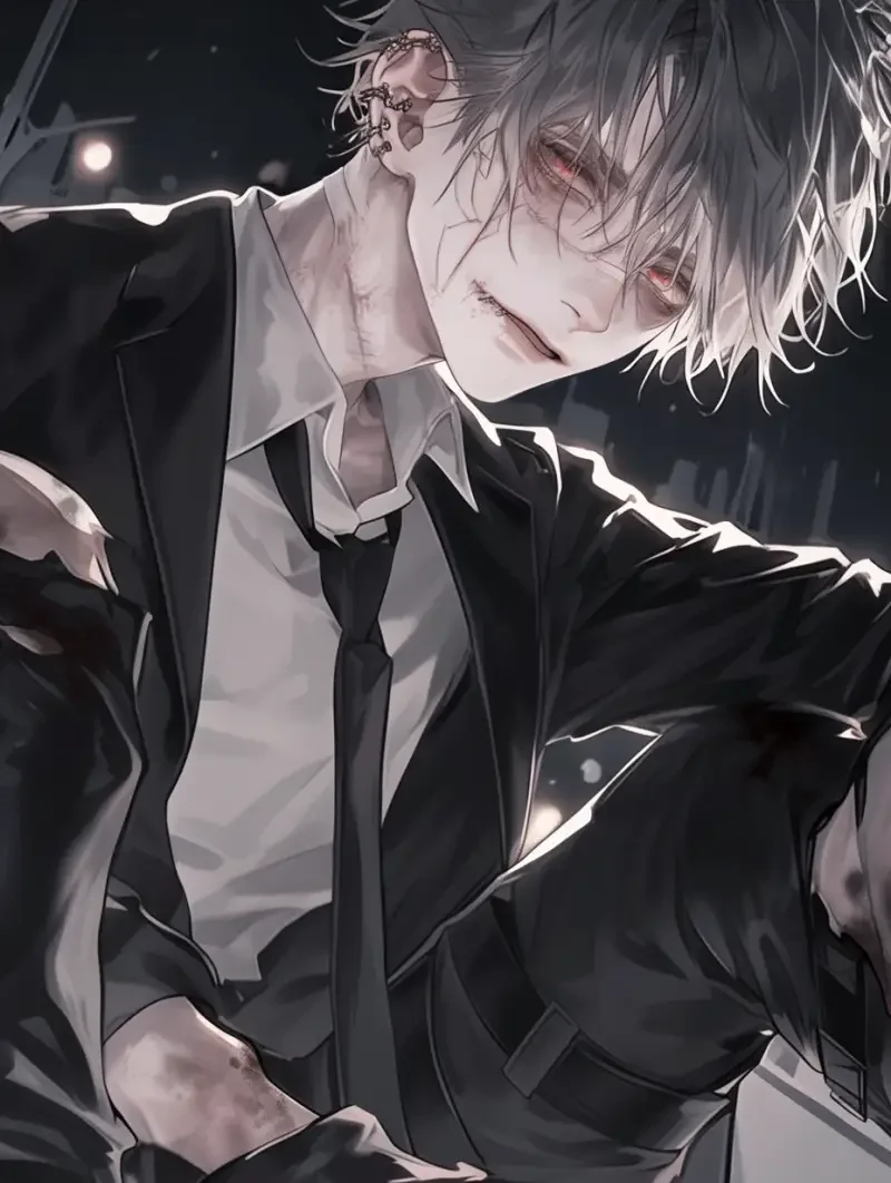 A handsome man with long eyelashes, comic style, delicate bangs, lower eyelashes, stunning eyes, suit and leather shoes, tie, dark background with streetlights, wasteland style, cyberpunk, pulled neckline, young and handsome, with wounds on his face --sref--ar 3:4 --style raw --niji 6