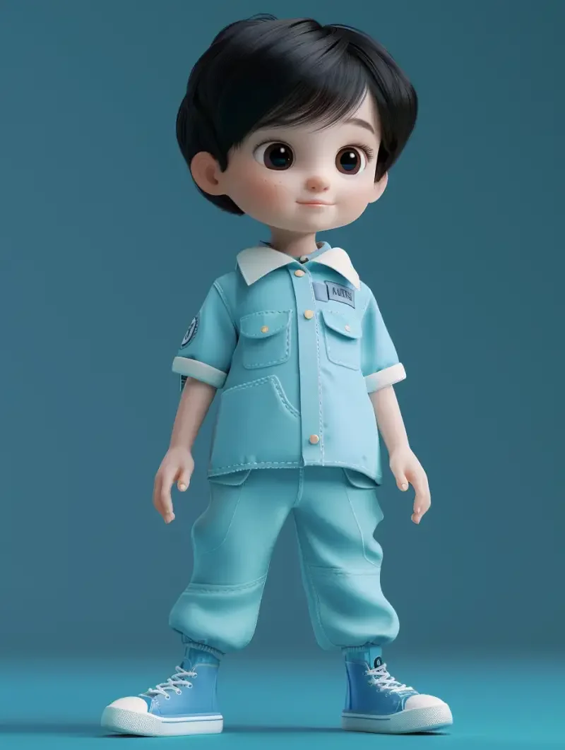 A little girl with short black hair, wearing light blue work clothes, blue sneakers, full body view, rich details, Pixar Disney style, 3D, C4D, best lighting, best quality, solid color background --ar 3:4 --v 6.0