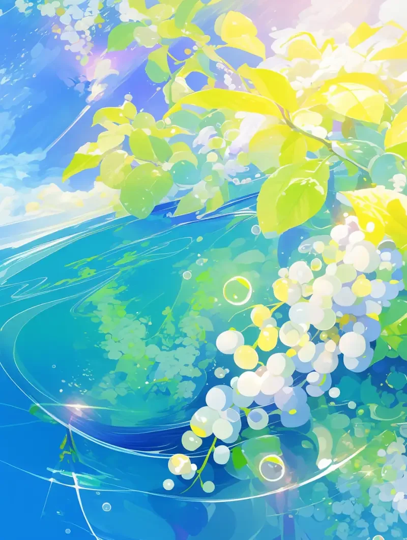 The new leaves are willow yellow, the tender buds are bean green, and the flower shadows are graceful and shimmering in the blue waves --ar 3:4 --niji 6