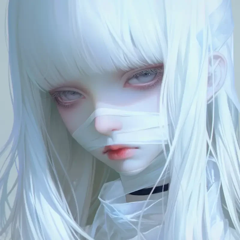 (bjd doll, female doll, BJD doll) Female ninja, bandage, white tie, cool, white straight banged long hair, strapless, head close-up. --ar 1:1 --niji 6