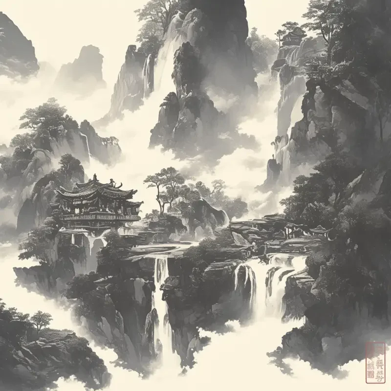 Landscape painting, Chinese style, trees, mountains, flowing water, ink painting, ancient style --ar 1:1 --niji 6