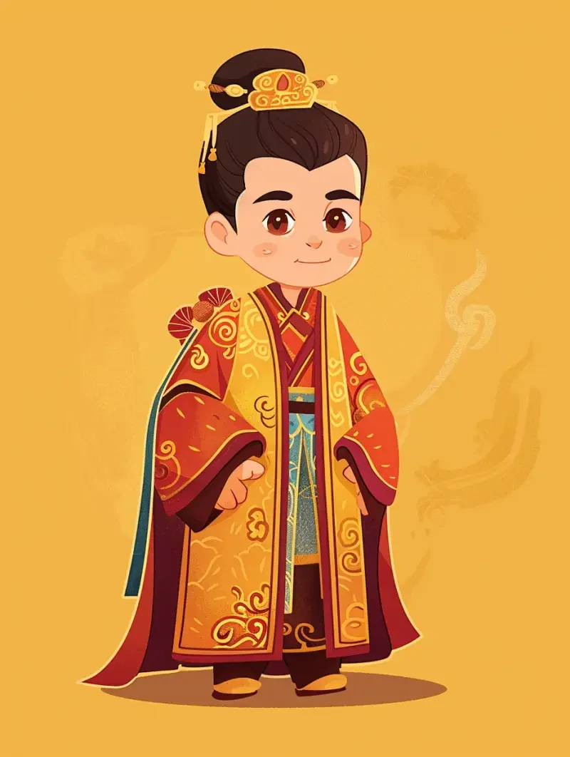 Cartoon image, a man from the state of Zheng dressed in gorgeous attire and exuding an extraordinary temperament, with meticulously combed hair and a solid colored background, illustrated in the style of children's books, with bright colors. Full body frontal shooting --ar 3:4 --v 6.0