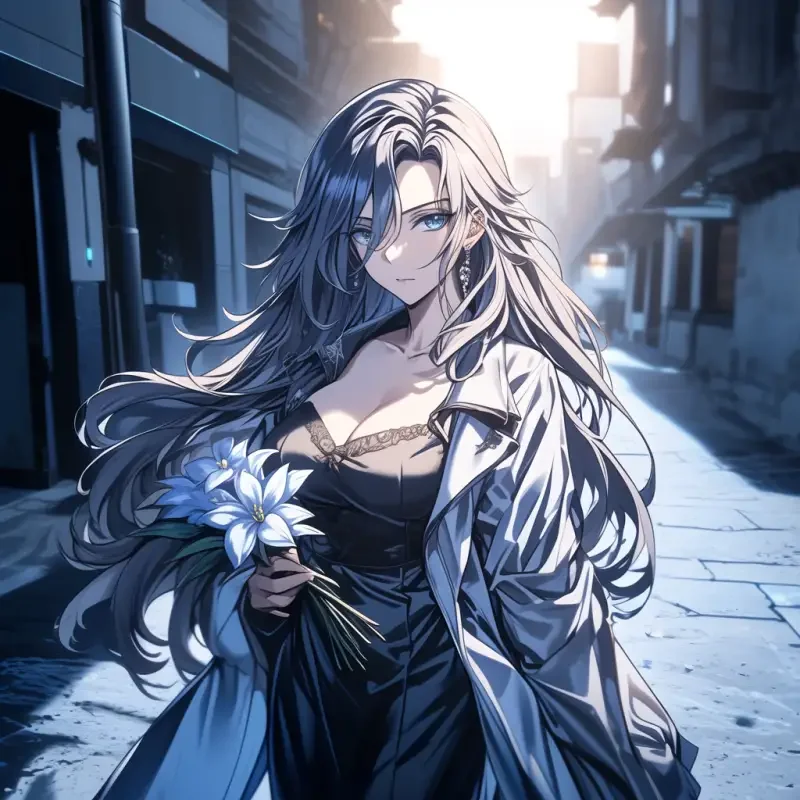 A young woman, 30 years old, with flowing long hair, hairpins, white and blue robes, Chinese clothing, Han Dynasty clothing, holding a flower in her hand, serious, front facing, full body shot, background of ancient Chinese streets --sref--ar 1:1 --niji 6