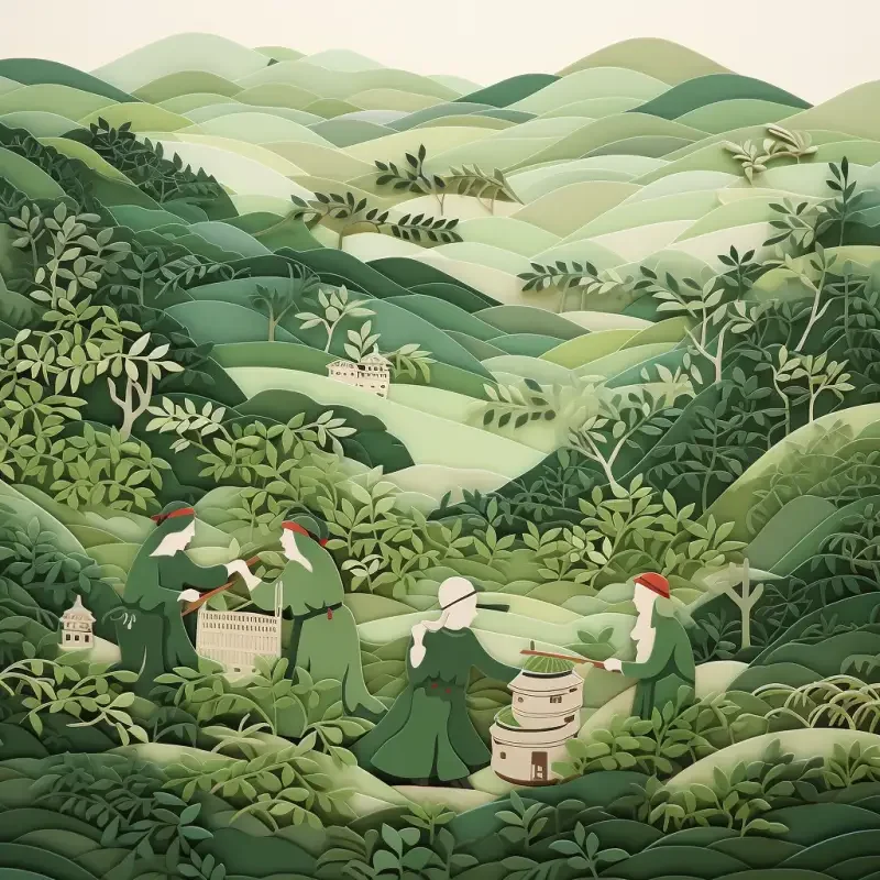 A traditional Chinese art Paper Cuttings, with rich tea elements. In the picture, the tea tree branches and leaves sway gently in the breeze, and the farmers working in the tea garden are dressed in traditional costumes, holding bamboo baskets to pick fresh tea leaves. The distant mountains are faintly visible, shrouded in clouds and mist, as if hinting at the long history of tea culture. The artist vividly presents this scene with Paper Cuttings techniques. Each piece of tea and each branch shows a delicate and unique texture, creating a visual feast full of traditional charm and cultural heritage. --ar 1:1 --v 5.2