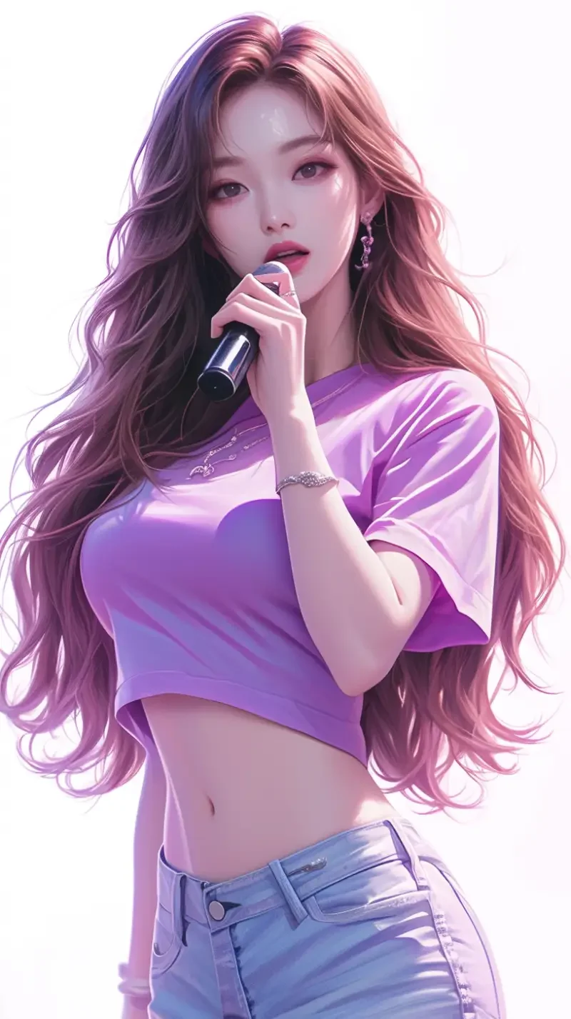 A beautiful Kpop idol with long hair and prominent features is holding up the microphone to her mouth and posing in a posture. She wore a fashionable colored laser T-shirt and exuded confidence while singing. Detailed digital art pieces, exquisite facial features, exquisite makeup, carefully crafted, pure white background, high quality, high detail, high resolution, 8K --s 126 --c 2 --ar 9:16 --niji 6