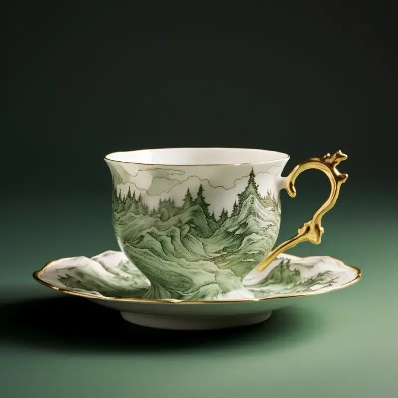 On a gilded tea cup, ink painting like mountains stand on the surface of the cup. These mountains seem to have been created by artists out of thin air, with clear outlines and steep cliffs. Amidst the folds of the mountain, emerald green tea trees grow luxuriantly like embellishments, their leaves swaying gently in the gentle breeze as the mountain rises and falls. The whole scene is full of Zen and tranquility, as if one can feel the tranquility and freshness of the mountains and wilderness while drinking tea. --ar 1:1 --v 5.2