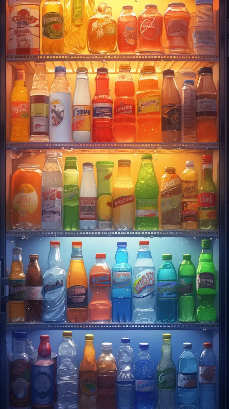 The refrigerator is filled with drinks and bottled water, suitable for making full screen mobile phone wallpapers. There are bottled drinks, canned drinks, and fruits in the refrigerator. The surface details of the beverage bottle are exquisite and labeled. All labels are neatly arranged inside the refrigerator, with colors including red, orange, yellow, green and pink, white, dark gray, and black. My dream refrigerator, it has high-definition images, high-quality images, high resolution, and high details. This is a realistic rendering of retro art style, with high-resolution images and a resolution of 305 mm f/8 ISO --s 552 --ar 9:16 --niji 6