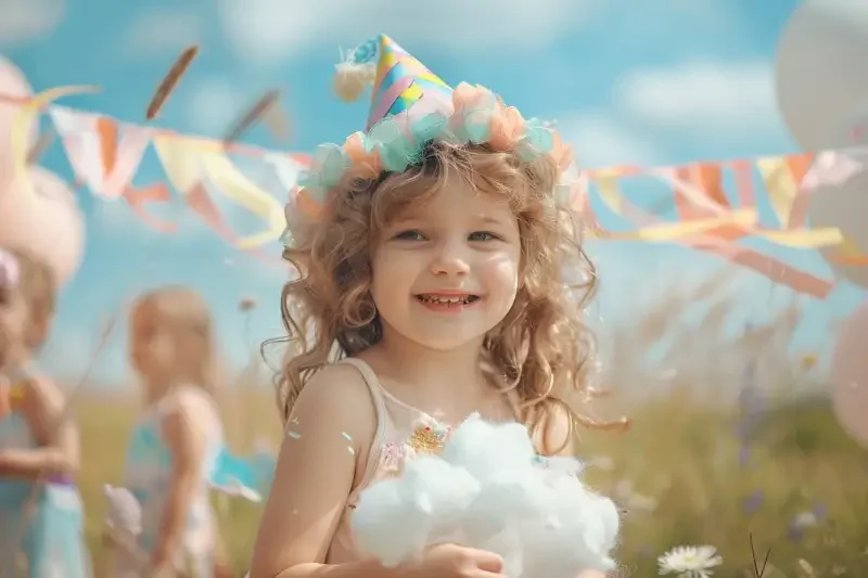 In the picture, there is a perfect 6-year-old child wearing summer clothes and a birthday hat, holding clouds and smiling happily. In the background, you can see soft cloud props and other children, with many birthday ribbons and flags, and the overall color scheme is dreamy. Clear details, high-definition lens, large aperture, natural light, exquisite commercial portrait photography, high-definition, natural light, high-definition, clear facial details --ar 3:2 --v 6.0