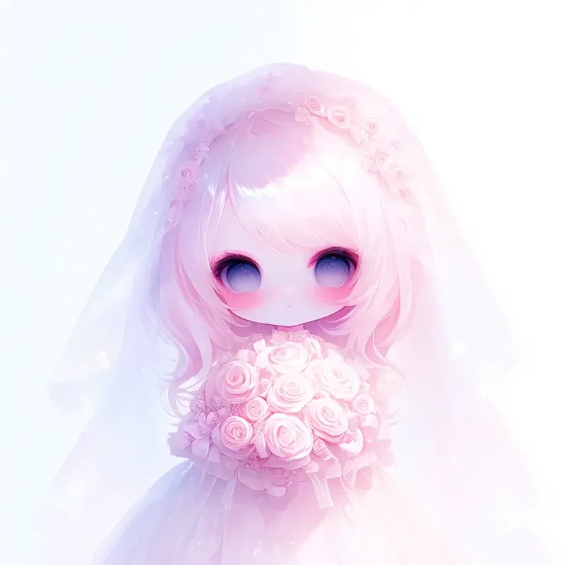 In front of a pure white background, a fair skinned little girl was wearing a beautiful wedding dress, with a thin veil on her head and holding a bouquet of pure white roses in her hand. Her sweet smile and clear eyes exude a pure and lovely aura, as if telling a beautiful fairy tale. This scene is filled with pure, romantic, and warm emotions, reminding people of those precious and beautiful moments. --sref--sw 450 --ar 1:1 --niji 6