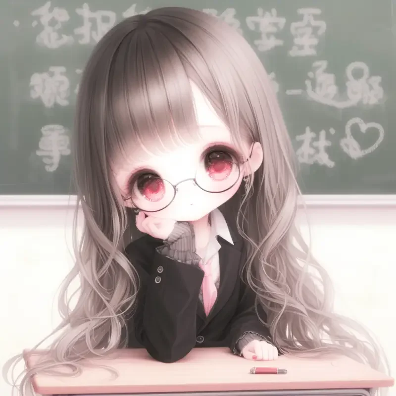 A girl wearing glasses, with black, loose straight long hair and air bangs, red eyes, dressed in a white formal T-shirt and black suit, a denim skirt, holding a pen, standing on the podium, with a blackboard full of words behind her, in a classroom background, modern urban style, modern home, sunny weather, girlish feeling, very beautiful, 3D --sref--ar 1:1 --niji 6