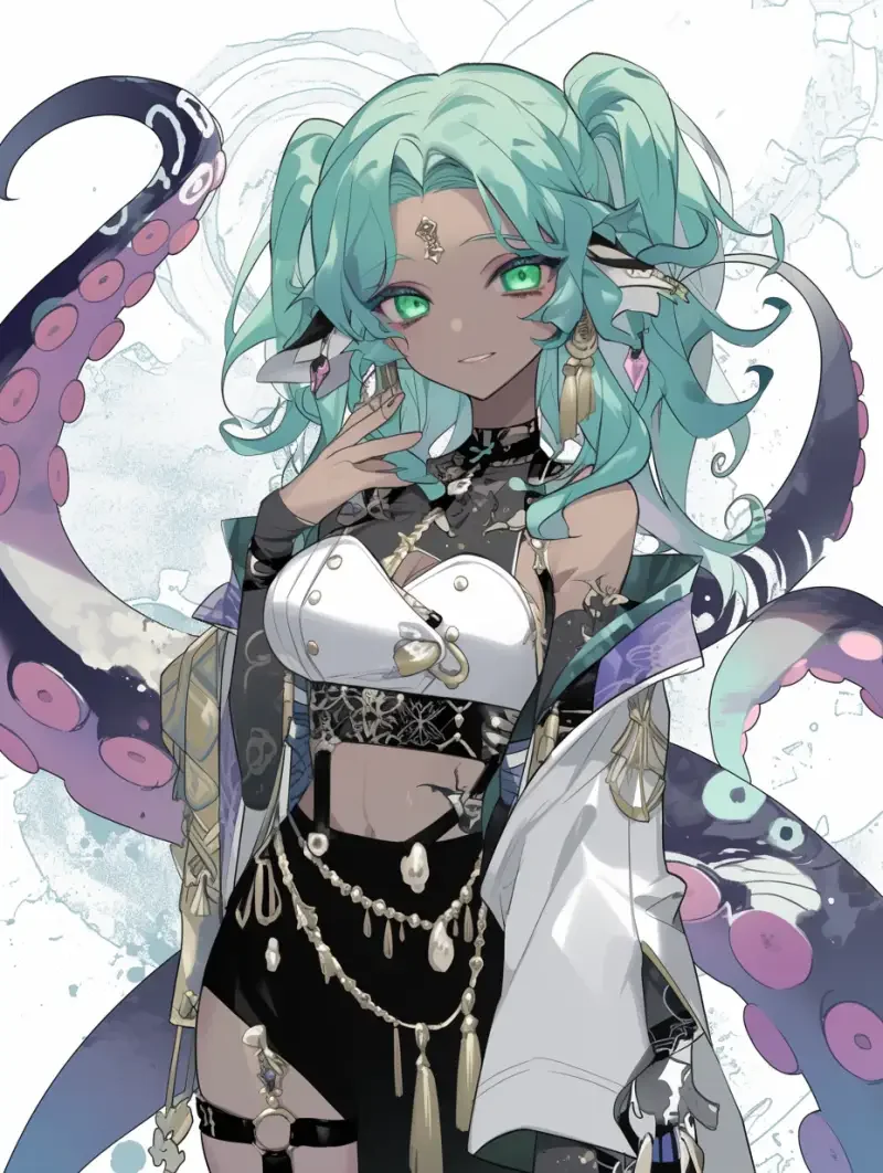 Green hair, black skin, tentacles, vertical painting --sref--ar 3:4 --niji 6