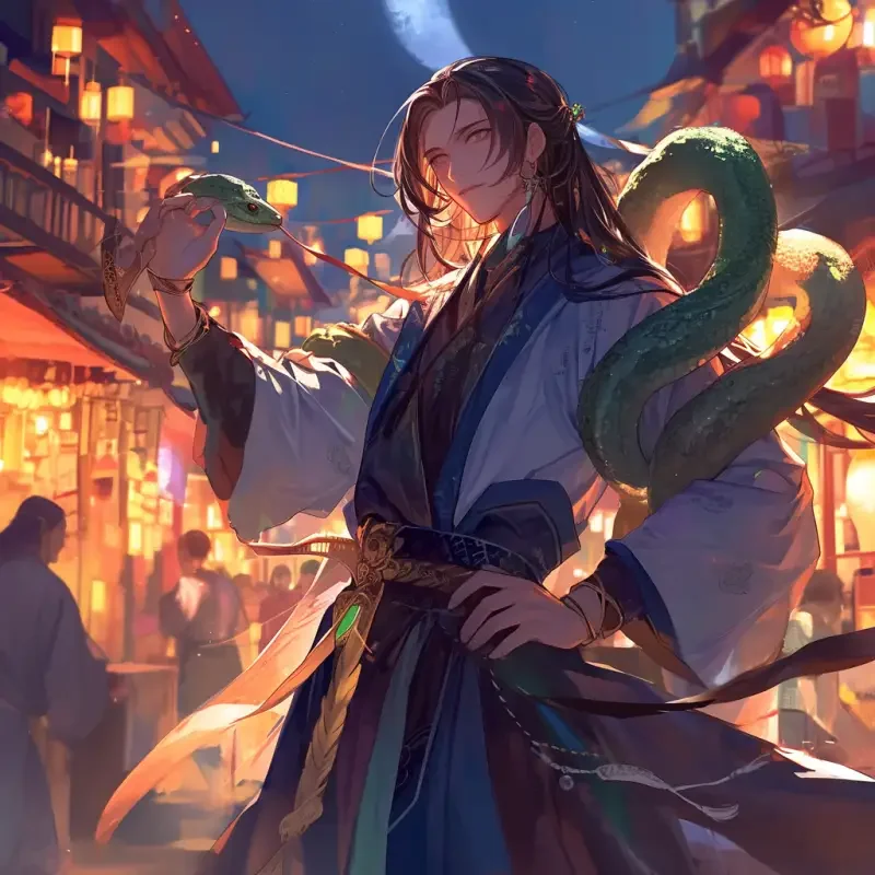 A man in ancient costume, with a nervous expression, a small green snake on his arm, and a spirit beast market in the background. At night, the lights are shining brightly. In ancient China --ar 1:1 --niji 6