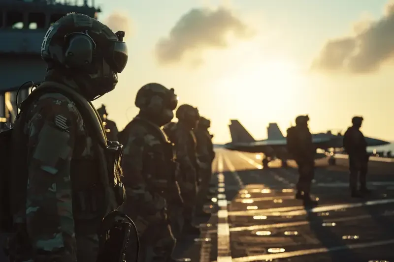 A humanoid panda, wearing camouflage combat uniforms, stands on the deck of an aircraft carrier, and with several panda comrades, orderly commands the takeoff and landing of F22. The bright sunlight, side view, low angle lens, military photography --s 110 --ar 3:2 --v 6.0