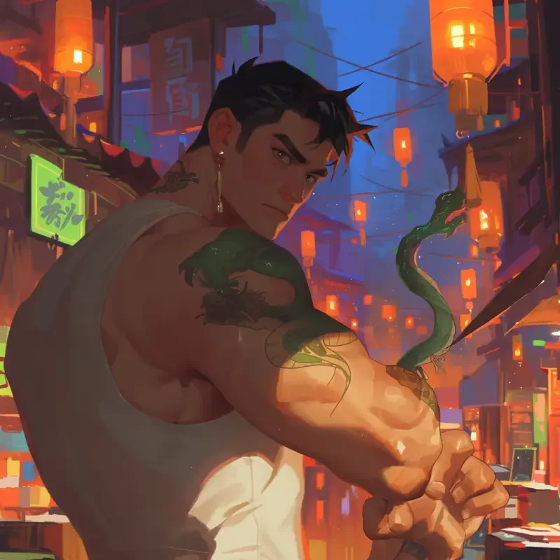 A man with a nervous expression and a small green snake tattoo on his arm. The background is a spirit beast market, and at night, the lights are shining brightly. In ancient China --ar 1:1 --niji 6