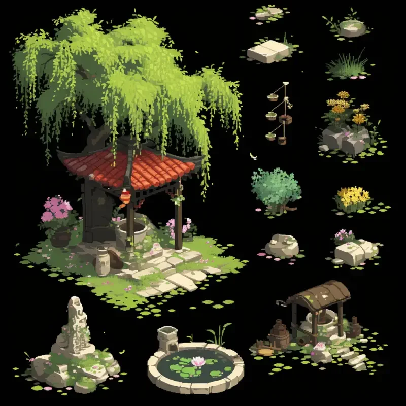 Pixel style, ancient China, items, sprite images, grass, trees, bamboo, water wells, dilapidated thatched cottage, pure black background --sref--ar 1:1 --niji 6