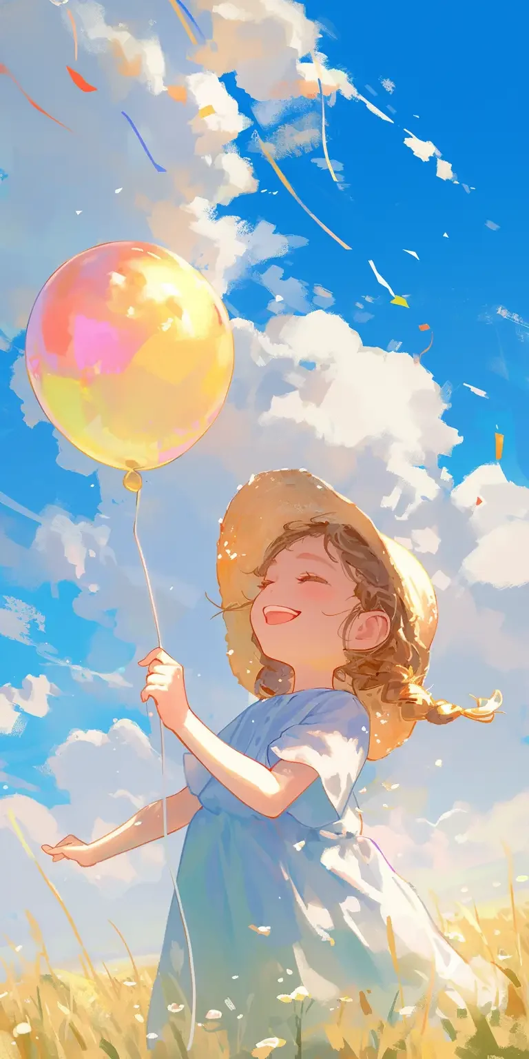 The little girl was holding a colorful balloon in her hand, smiling happily --s 197 --ar 1:2 --niji 6