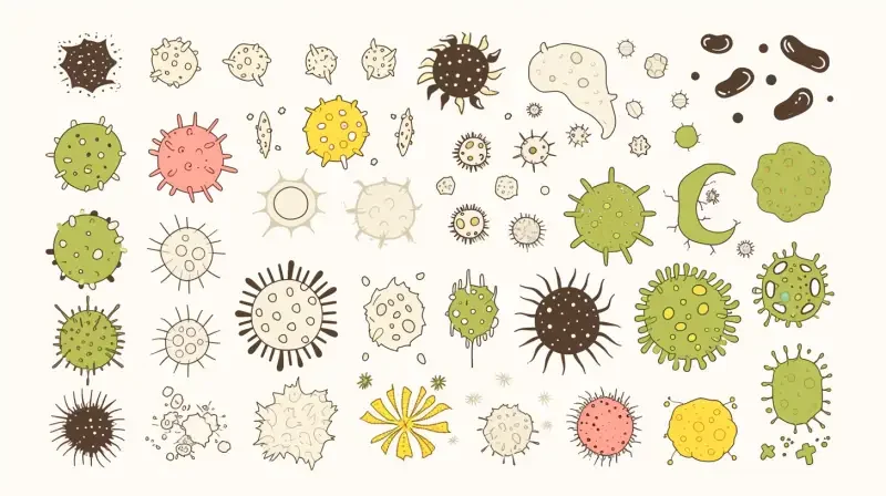 Bacteria, illustrated Q-version, individual bacterial shapes, simple lines --ar 16:9 --style raw --niji 6