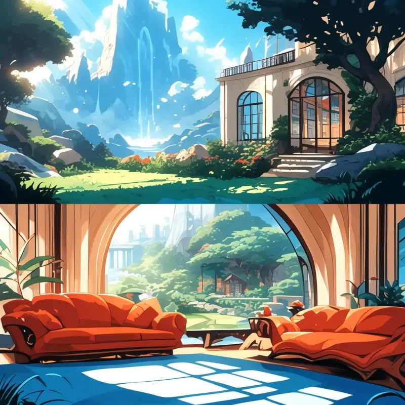 A modern urban scene design sheet from an anime, featuring a luxurious living room with strong colors, lines, super details, cinematic lighting, surrealism, digital painting, and 20 million pixels --sref--ar 1:1 --style raw --niji 6