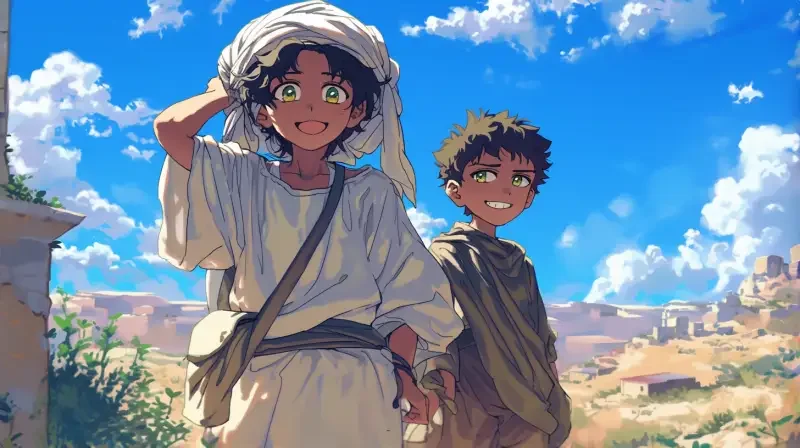 Two 7-year-old Afghan boys, with brown eyes, dressed in traditional Afghan attire and a white headscarf. Standing in front of them, one had a disappointed expression, while the other stood in plain white Afghan traditional attire. The other had an unwavering expression, with contrasting emotions. They stood in front of each other, facing each other, surrounded by Afghan elements.,Asymmetrical composition::2 ,Shonen anime style::2 --cref--cw 50 --no Make up, powder blusher, femininity, femininity, femininity, crying --ar 16:9 --niji 6